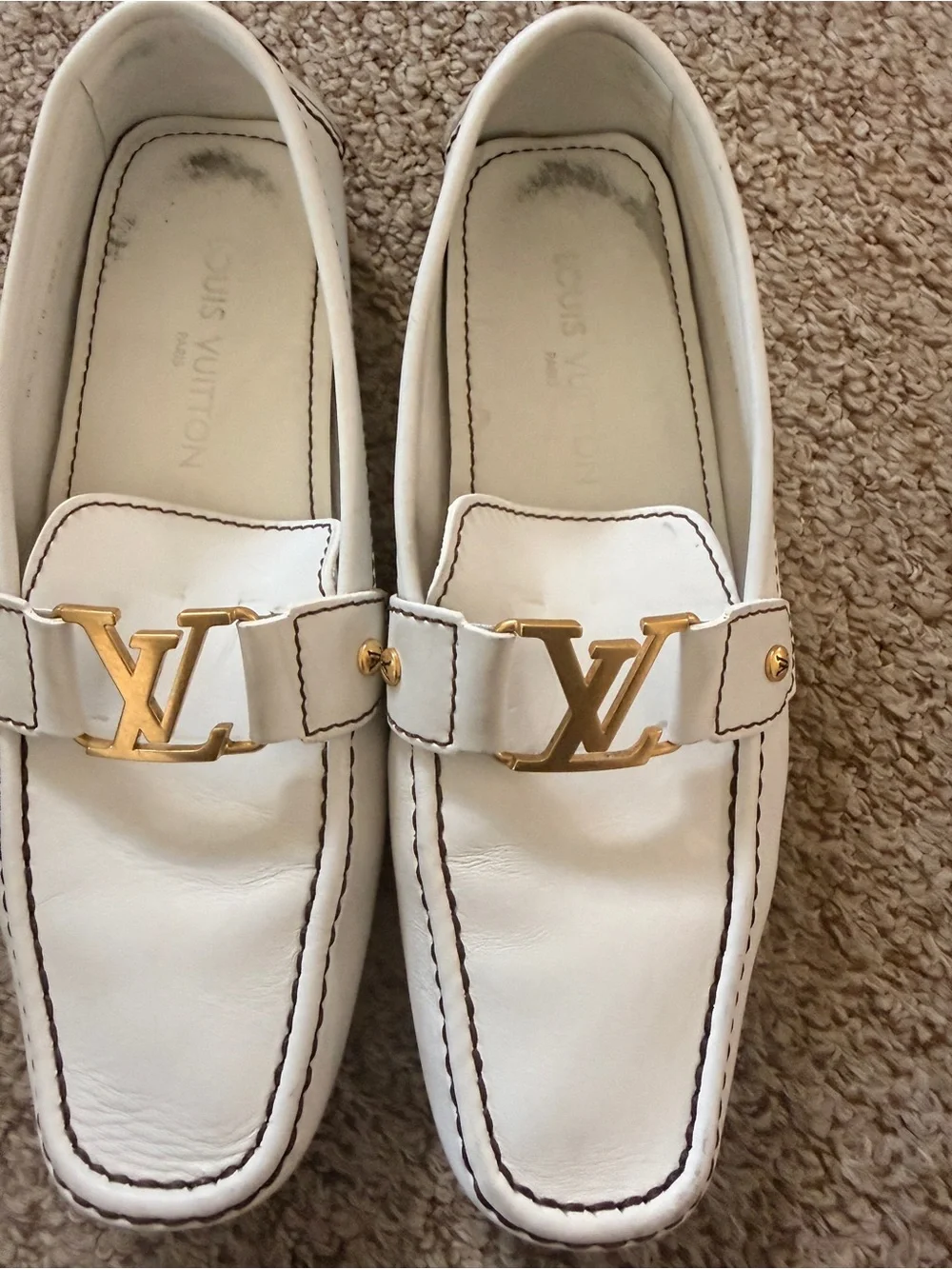 Louis Vuitton White Leather Loafers with Gold LV Hardware